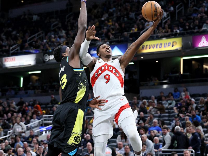 INDIANAPOLIS, INDIANA - FEBRUARY 26:  RJ Barrett #9 of the Toronto Raptors shoots the ball while defended by Pascal Siakam #43 of  the Indiana Pacers at Gainbridge Fieldhouse on February 26, 2024 in Indianapolis, Indiana.    NOTE TO USER: User expressly acknowledges and agrees that, by downloading and or using this photograph, User is consenting to the terms and conditions of the Getty Images License Agreement.  (Photo by Andy Lyons/Getty Images)