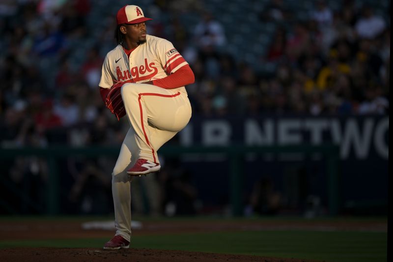 Jun 5, 2024; Anaheim, California, USA;  Los Angeles Angels starting pitcher Jose Soriano (59) delivers to the plate in the third inning against the San Diego Padres at Angel Stadium. Mandatory Credit: Jayne Kamin-Oncea-USA TODAY Sports