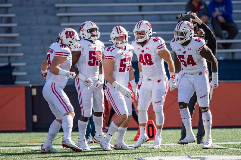 Oct 19, 2019; Champaign, IL, USA; The Wisconsin Badgers warm up prior to the first half against the Illinois Fighting Illini at Memorial Stadium. Mandatory Credit: Patrick Gorski-USA TODAY Sports