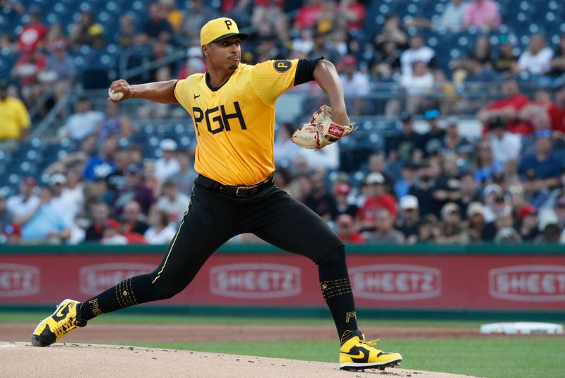 Aug 11, 2023; Pittsburgh, Pennsylvania, USA; Pittsburgh Pirates starting pitcher Johan Oviedo (24) delivers a pitch against the Cincinnati Reds during the first inning at PNC Park. Mandatory Credit: Charles LeClaire-USA TODAY Sports