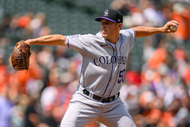 Aug 27, 2023; Baltimore, Maryland, USA; Colorado Rockies starting pitcher Ty Blach (50) throws a pitch during the first inning against the Baltimore Orioles at Oriole Park at Camden Yards. Mandatory Credit: Reggie Hildred-USA TODAY Sports