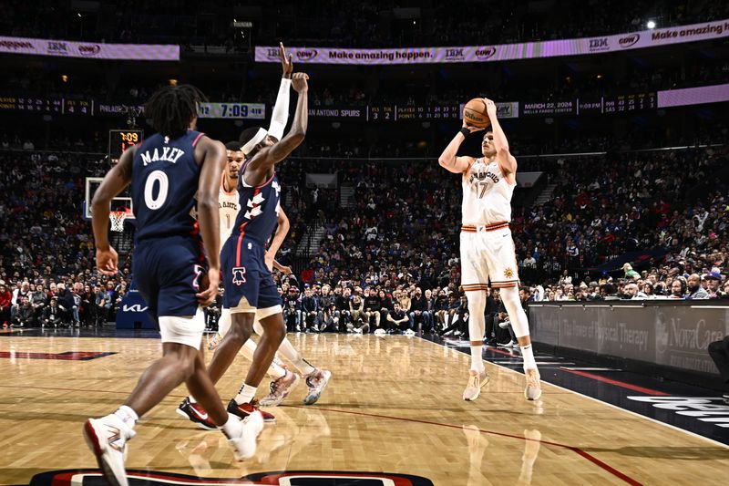 PHILADELPHIA, PA - JANUARY 22: Doug McDermott #17 of the San Antonio Spurs shoots a three point basket against the Philadelphia 76ers on January 22, 2024 at the Wells Fargo Center in Philadelphia, Pennsylvania NOTE TO USER: User expressly acknowledges and agrees that, by downloading and/or using this Photograph, user is consenting to the terms and conditions of the Getty Images License Agreement. Mandatory Copyright Notice: Copyright 2024 NBAE (Photo by David Dow/NBAE via Getty Images)