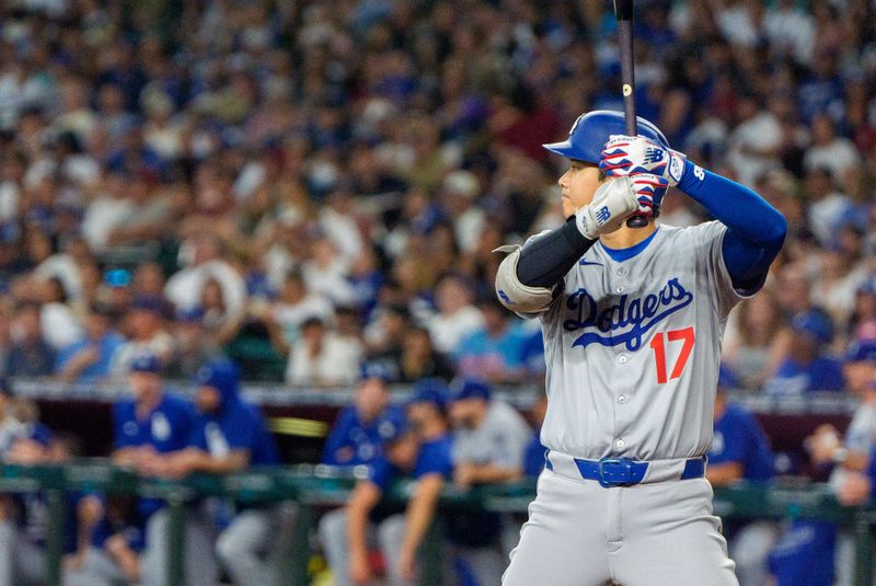 Sep 25, 2025; Phoenix, Arizona, USA; Los Angeles Dodgers designated hitter Shohei Ohtani (17) at bat in the seventh inning against the Arizona Diamondbacks at Chase Field. Mandatory Credit: Allan Henry-Imagn Images