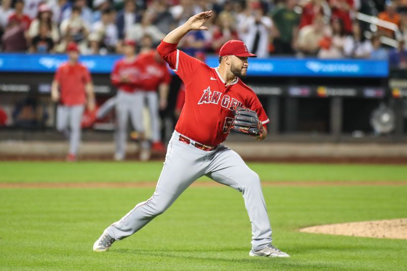 Aug 26, 2023; New York City, New York, USA;  Los Angeles Angels relief pitcher Carlos Estevez (53) reacts after defeating the New York Mets. Mandatory Credit: Wendell Cruz-USA TODAY Sports