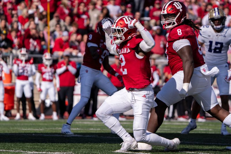 Oct 26, 2024; Bloomington, Indiana, USA; Indiana Hoosiers linebacker Jailin Walker (2) celebrates a sack during the first quarter against the Washington Huskies at Memorial Stadium. Mandatory Credit: Jacob Musselman-Imagn Images