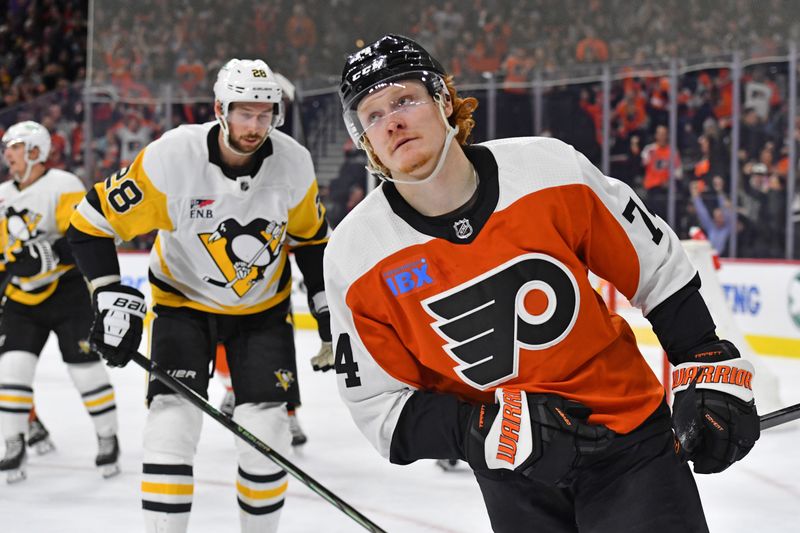 Jan 8, 2024; Philadelphia, Pennsylvania, USA;  Philadelphia Flyers right wing Owen Tippett (74) reacts after scoring a goal against the Pittsburgh Penguins during the first period at Wells Fargo Center. Mandatory Credit: Eric Hartline-USA TODAY Sports