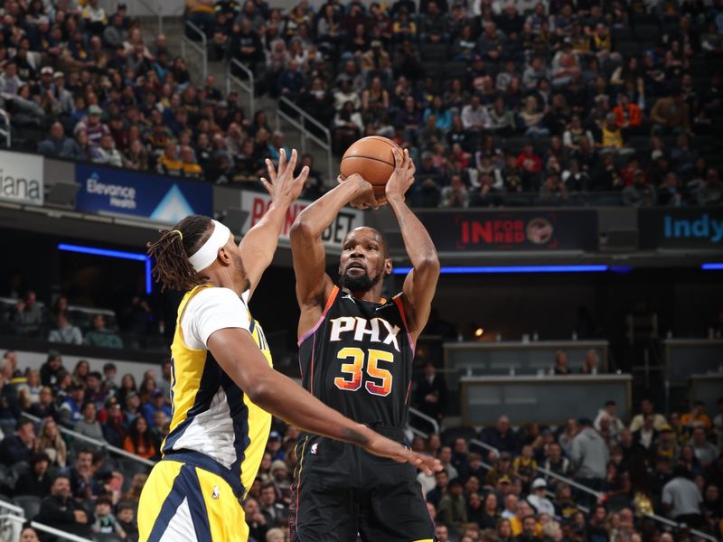 INDIANAPOLIS, IN - JANUARY 26:  Kevin Durant #35 of the Phoenix Suns shoots the ball during the game  against the Indiana Pacers on January 26, 2024 at Gainbridge Fieldhouse in Indianapolis, Indiana. NOTE TO USER: User expressly acknowledges and agrees that, by downloading and or using this Photograph, user is consenting to the terms and conditions of the Getty Images License Agreement. Mandatory Copyright Notice: Copyright 2024 NBAE (Photo by Jeff Haynes/NBAE via Getty Images)