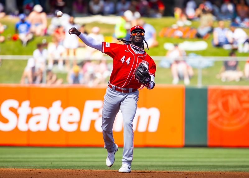 Mar 19, 2024; Tempe, Arizona, USA; Cincinnati Reds infielder Elly De La Cruz against the Los Angeles Angels during a spring training game at Tempe Diablo Stadium. Mandatory Credit: Mark J. Rebilas-USA TODAY Sports