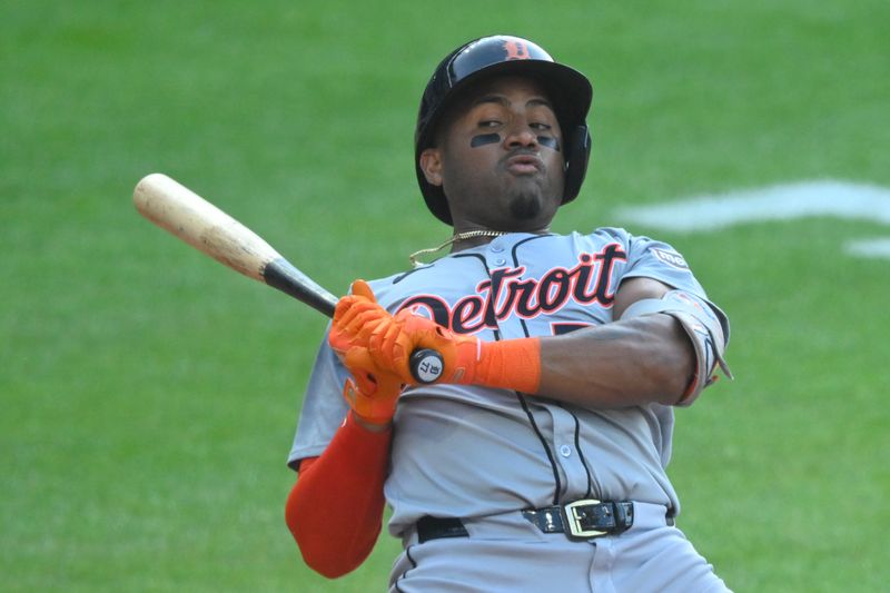 Jul 23, 2024; Cleveland, Ohio, USA; Detroit Tigers first baseman Andy Ibanez (77) leans back on an inside pitch in the second inning against the Cleveland Guardians at Progressive Field. Mandatory Credit: David Richard-USA TODAY Sports