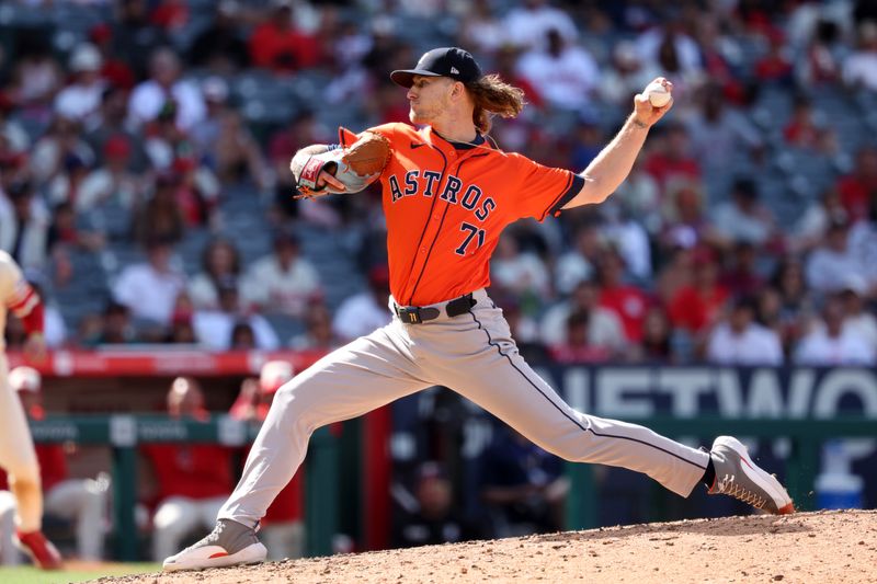 Jun 9, 2024; Anaheim, California, USA;  Houston Astros relief pitcher Josh Hader (71) pitches during the eighth inning against the Los Angeles Angels at Angel Stadium. Mandatory Credit: Kiyoshi Mio-USA TODAY Sports