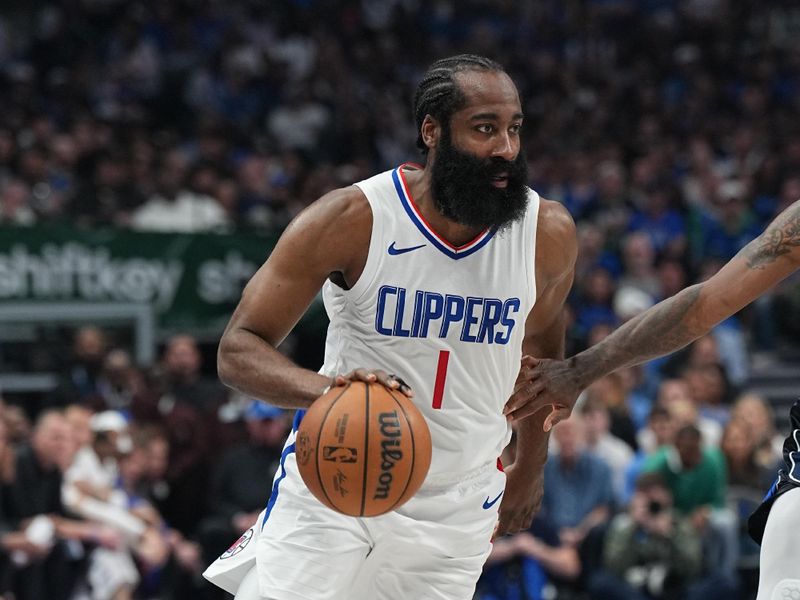 DALLAS, TX - APRIL 28: James Harden #1 of the LA Clippers handles the ball during the game against the Dallas Mavericks during Round 1 Game 4 of the 2024 NBA Playoffs on April 28, 2024 at the American Airlines Center in Dallas, Texas. NOTE TO USER: User expressly acknowledges and agrees that, by downloading and or using this photograph, User is consenting to the terms and conditions of the Getty Images License Agreement. Mandatory Copyright Notice: Copyright 2024 NBAE (Photo by Glenn James/NBAE via Getty Images)