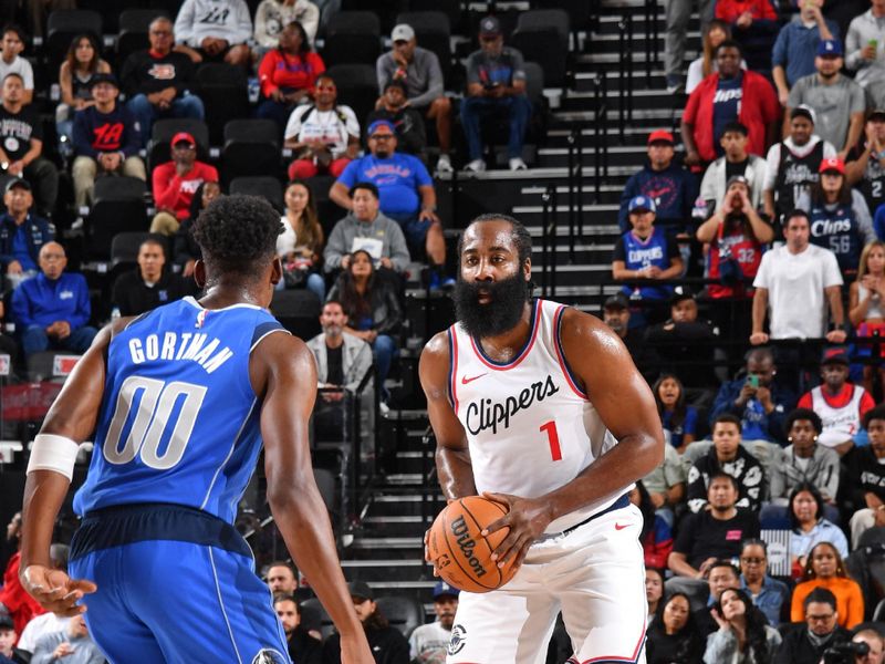 INGLEWOOD, CA - OCTOBER 14: James Harden #1 of the LA Clippers looks on during the game against the Dallas Mavericks on October 14, 2024 at Intuit Dome in Los Angeles, California. NOTE TO USER: User expressly acknowledges and agrees that, by downloading and/or using this Photograph, user is consenting to the terms and conditions of the Getty Images License Agreement. Mandatory Copyright Notice: Copyright 2024 NBAE (Photo by Juan Ocampo/NBAE via Getty Images)