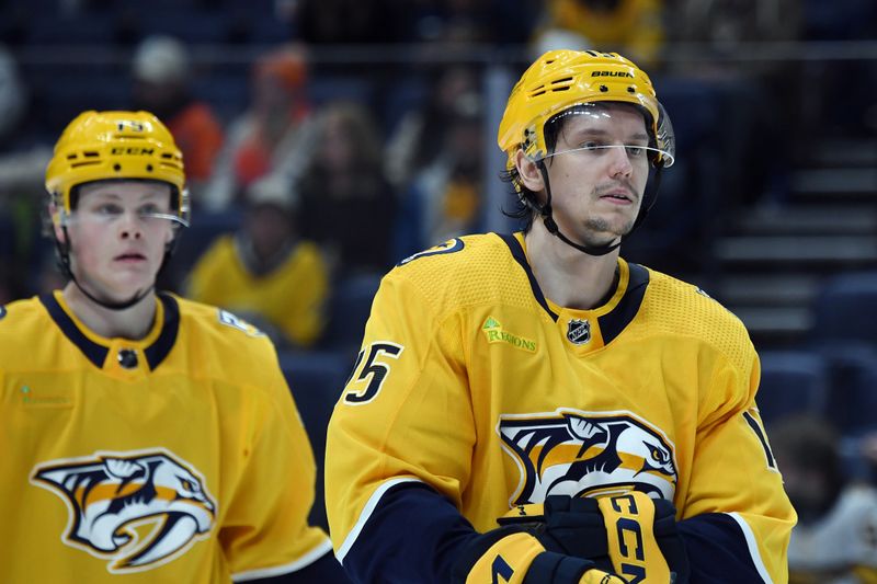 Jan 9, 2024; Nashville, Tennessee, USA; Nashville Predators right wing Denis Gurianov (15) during the third period against the Anaheim Ducks at Bridgestone Arena. Mandatory Credit: Christopher Hanewinckel-USA TODAY Sports