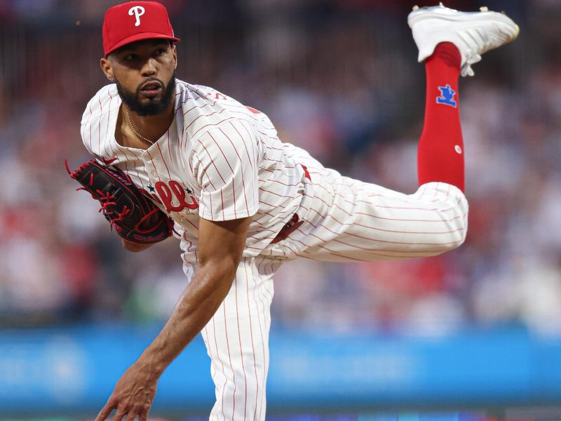 Apr 30, 2025; Philadelphia, Pennsylvania, USA; Philadelphia Phillies pitcher Cristopher Sánchez (61) pitches during the fourth inning against the Washington Nationals at Citizens Bank Park. Mandatory Credit: Bill Streicher-Imagn Images