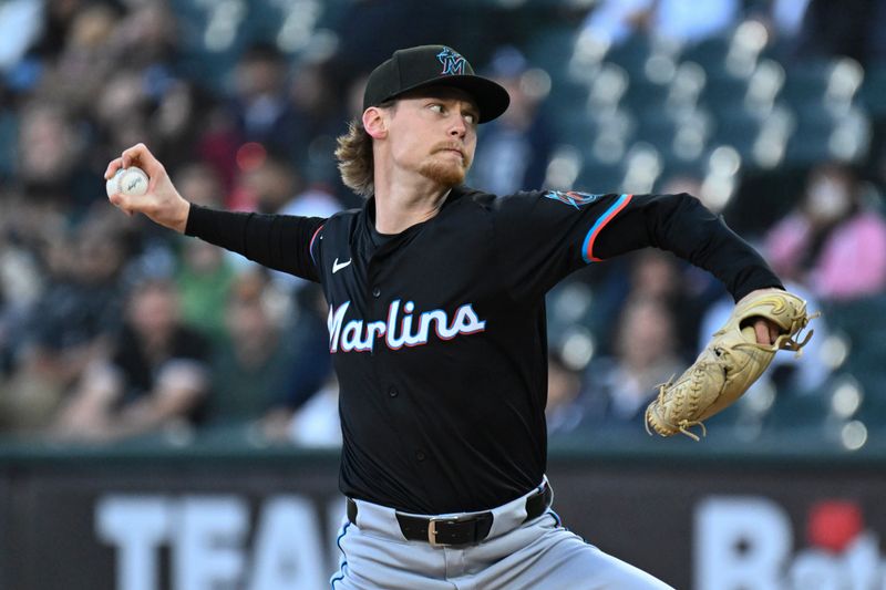 May 9, 2025; Chicago, Illinois, USA;  Miami Marlins pitcher Max Meyer (23) delivers during the second inning against the Chicago White Sox at Rate Field. Mandatory Credit: Matt Marton-Imagn Images