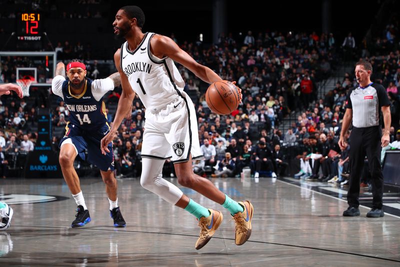 BROOKLYN, NY - MARCH 19: Mikal Bridges #1 of the Brooklyn Nets dribbles the ball during the game against the New Orleans Pelicans on March 19, 2024 at Barclays Center in Brooklyn, New York. NOTE TO USER: User expressly acknowledges and agrees that, by downloading and or using this Photograph, user is consenting to the terms and conditions of the Getty Images License Agreement. Mandatory Copyright Notice: Copyright 2024 NBAE (Photo by David L. Nemec/NBAE via Getty Images)