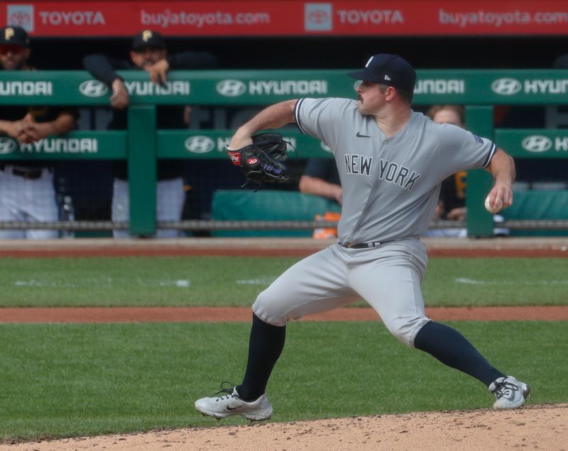 Sep 17, 2023; Pittsburgh, Pennsylvania, USA; New York Yankees starting pitcher Carlos Rodon (55) pitches against the Pittsburgh Pirates during the fifth inning at PNC Park. Mandatory Credit: Charles LeClaire-USA TODAY Sports