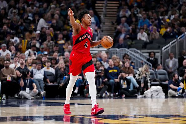 INDIANAPOLIS, INDIANA - NOVEMBER 22: Scottie Barnes #4 of the Toronto Raptors dribbles the ball in the fourth quarter against the Indiana Pacers at Gainbridge Fieldhouse on November 22, 2023 in Indianapolis, Indiana. NOTE TO USER: User expressly acknowledges and agrees that, by downloading and or using this photograph, User is consenting to the terms and conditions of the Getty Images License Agreement. (Photo by Dylan Buell/Getty Images)