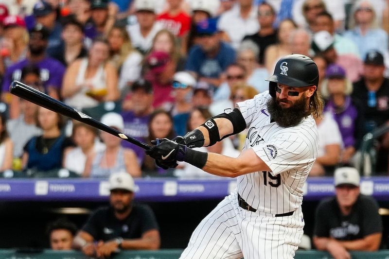 Jul 4, 2024; Denver, Colorado, USA; Colorado Rockies designated hitter Charlie Blackmon (19) against the Milwaukee Brewers during the seventh inning at Coors Field. Mandatory Credit: Troy Babbitt-USA TODAY Sports

 