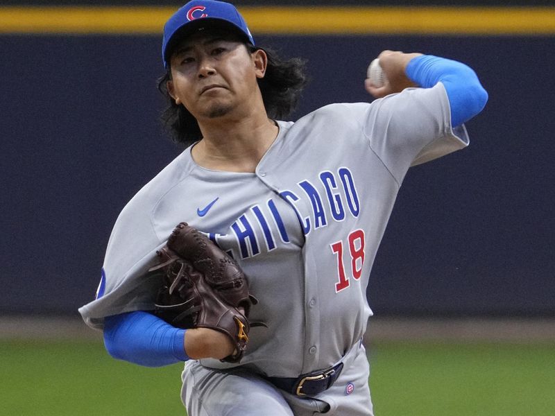 May 4, 2025; Milwaukee, Wisconsin, USA; Chicago Cubs pitcher Shota Imanaga (18) delivers a pitch against the Milwaukee Brewers in the first inning at American Family Field. Mandatory Credit: Michael McLoone-Imagn Images