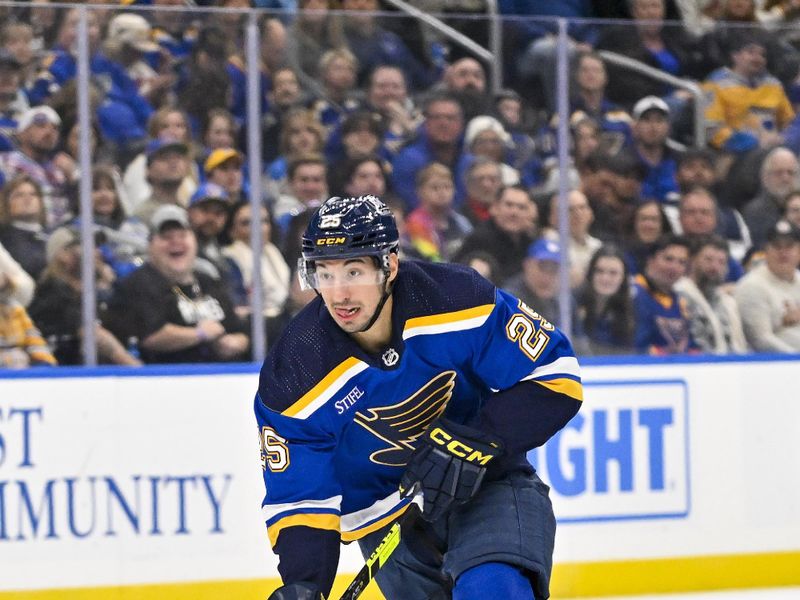 Nov 7, 2023; St. Louis, Missouri, USA;  St. Louis Blues center Jordan Kyrou (25) controls the puck against the Winnipeg Jets at Enterprise Center. Mandatory Credit: Jeff Curry-USA TODAY Sports