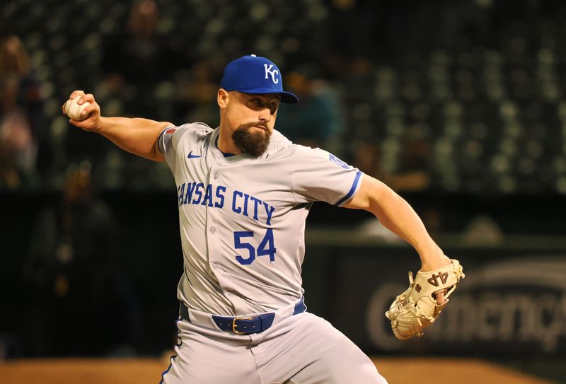 Jun 19, 2024; Oakland, California, USA; Kansas City Royals relief pitcher Dan Altavilla (54) pitches the ball against the Oakland Athletics during the seventh inning at Oakland-Alameda County Coliseum. Mandatory Credit: Kelley L Cox-USA TODAY Sports