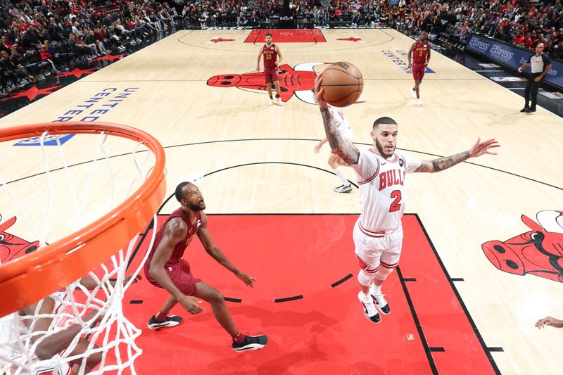 CHICAGO, IL - OCTOBER 18: Lonzo Ball #2 of the Chicago Bulls catches the ball during the game against the Cleveland Cavaliers on October 18, 2024 at United Center in Chicago, Illinois. NOTE TO USER: User expressly acknowledges and agrees that, by downloading and or using this photograph, User is consenting to the terms and conditions of the Getty Images License Agreement. Mandatory Copyright Notice: Copyright 2023 NBAE (Photo by Jeff Haynes/NBAE via Getty Images)