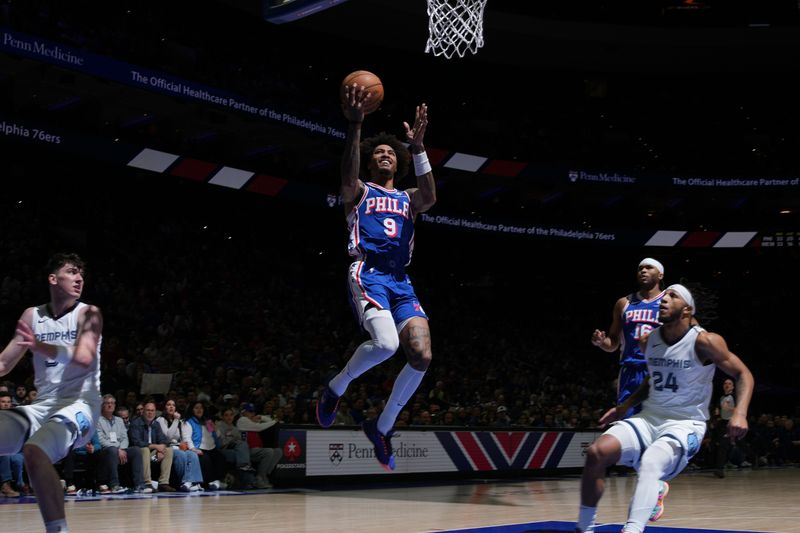 PHILADELPHIA, PA - MARCH 6: Kelly Oubre Jr. #9 of the Philadelphia 76ers drives to the basket during the game against the Memphis Grizzlies on March 6, 2024 at the Wells Fargo Center in Philadelphia, Pennsylvania NOTE TO USER: User expressly acknowledges and agrees that, by downloading and/or using this Photograph, user is consenting to the terms and conditions of the Getty Images License Agreement. Mandatory Copyright Notice: Copyright 2024 NBAE (Photo by Jesse D. Garrabrant/NBAE via Getty Images)