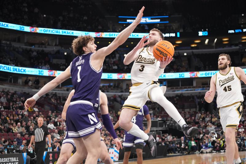 Mar 12, 2026; Chicago, IL, USA; Purdue Boilermakers guard Braden Smith (3) goes to the basket on Northwestern Wildcats forward Tyler Kropp (1) during the first half at United Center. Mandatory Credit: David Banks-Imagn Images