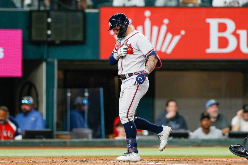 May 15, 2023; Arlington, Texas, USA; Atlanta Braves left fielder Kevin Pillar (17) hits a two-run home run during the second inning against the Texas Rangers at Globe Life Field. Mandatory Credit: Andrew Dieb-USA TODAY Sports