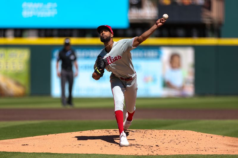 Mar 7, 2025; Bradenton, Florida, USA; Philadelphia Phillies pitcher Cristopher Sanchez (61) throws a pitch against the Pittsburgh Pirates in the first inning during spring training at LECOM Park. Mandatory Credit: Nathan Ray Seebeck-Imagn Images