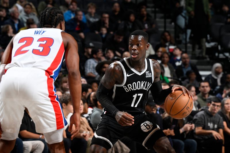 BROOKLYN, NY - NOVEMBER 3: Dennis Schroder #17 of the Brooklyn Nets handles the ball during thehandles the ball against the Detroit Pistons on November 3, 2024 at Barclays Center in Brooklyn, New York. NOTE TO USER: User expressly acknowledges and agrees that, by downloading and or using this Photograph, user is consenting to the terms and conditions of the Getty Images License Agreement. Mandatory Copyright Notice: Copyright 2024 NBAE (Photo by David Dow/NBAE via Getty Images)