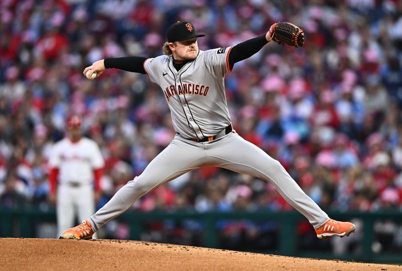 May 5, 2024; Philadelphia, Pennsylvania, USA; San Francisco Giants starting pitcher Logan Webb (62) throws a pitch against the Philadelphia Phillies in the first inning at Citizens Bank Park. Mandatory Credit: Kyle Ross-USA TODAY Sports