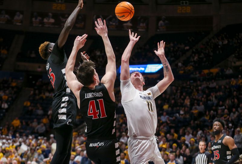 Jan 31, 2024; Morgantown, West Virginia, USA; West Virginia Mountaineers forward Quinn Slazinski (11) shoots against Cincinnati Bearcats forward Aziz Bandaogo (55) and Cincinnati Bearcats guard Simas Lukosius (41) during the second half at WVU Coliseum. Mandatory Credit: Ben Queen-USA TODAY Sports