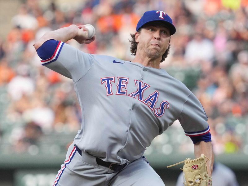 Jun 25, 2025; Baltimore, Maryland, USA; Texas Rangers pitcher Jason DeGrom (48) delivers during the first inning against the Baltimore Orioles at Oriole Park at Camden Yards. Mandatory Credit: Mitch Stringer-Imagn Images