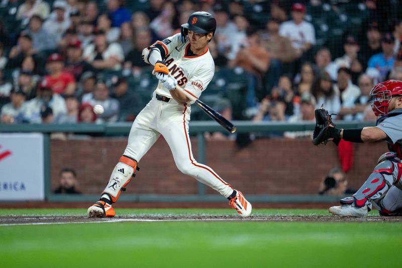 Sep 24, 2025; San Francisco, California, USA; San Francisco Giants center fielder Jung Hoo Lee (51) hits an RBI double against the St. Louis Cardinals during the second inning at Oracle Park. Mandatory Credit: Neville E. Guard-Imagn Images