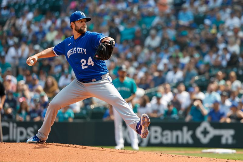 Aug 28, 2023; Seattle, Washington, USA; Kansas City Royals starting pitcher Jordan Lyles (24) throws against the Seattle Mariners during the first inning at T-Mobile Park. Mandatory Credit: Joe Nicholson-USA TODAY Sports