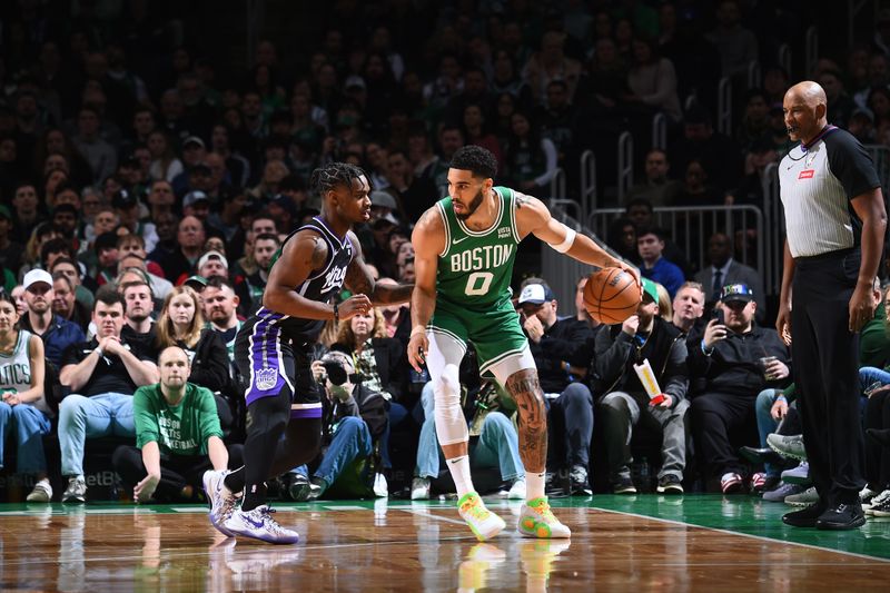 BOSTON, MA - APRIL 5:  Jayson Tatum #0 of the Boston Celtics dribbles the ball during the game against the Sacramento Kings on April 5, 2024 at the TD Garden in Boston, Massachusetts. NOTE TO USER: User expressly acknowledges and agrees that, by downloading and or using this photograph, User is consenting to the terms and conditions of the Getty Images License Agreement. Mandatory Copyright Notice: Copyright 2024 NBAE  (Photo by Brian Babineau/NBAE via Getty Images)