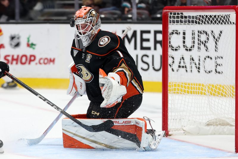 Dec 21, 2023; Anaheim, California, USA;  Anaheim Ducks goaltender Lukas Dostal (1) defends the goal during the first period against the Calgary Flames at Honda Center. Mandatory Credit: Kiyoshi Mio-USA TODAY Sports