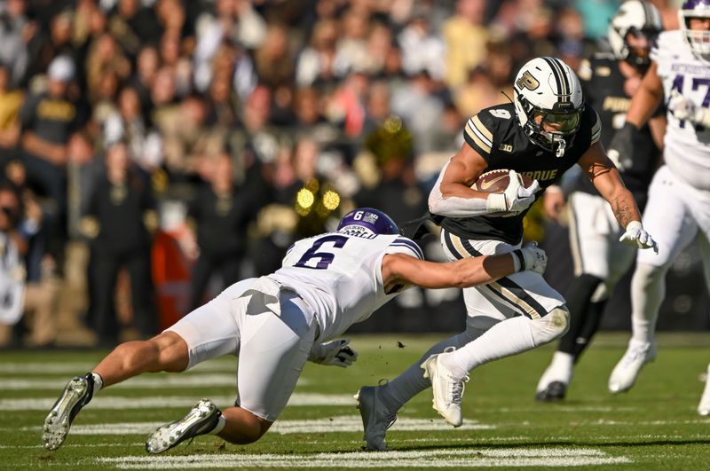 Nov 2, 2024; West Lafayette, Indiana, USA; Purdue Boilermakers wide receiver CJ Smith (9) jukes to avoid tackle from Northwestern Wildcats defensive back Robert Fitzgerald (6) during the second half at Ross-Ade Stadium. Mandatory Credit: Marc Lebryk-Imagn Images