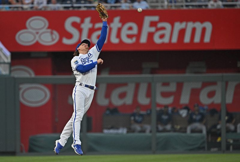 Jul 15, 2023; Kansas City, Missouri, USA;  Kansas City Royals shortstop Bobby Witt Jr. (7) makes a leaping attempt for a line drive in the eighth inning against the Tampa Bay Rays at Kauffman Stadium. Mandatory Credit: Peter Aiken-USA TODAY Sports