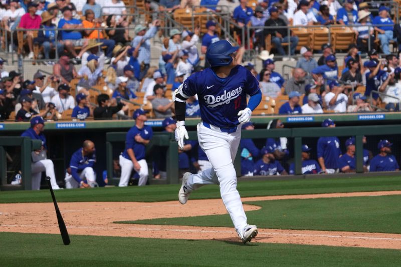 Feb 27, 2024; Phoenix, Arizona, USA; Los Angeles Dodgers designated hitter Shohei Ohtani (17) hits a two run home run during the fifth inning against the Chicago White Sox at Camelback Ranch-Glendale. Mandatory Credit: Joe Camporeale-USA TODAY Sports