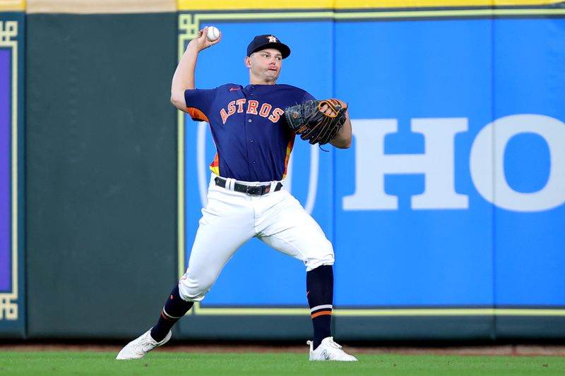 Jul 30, 2023; Houston, Texas, USA; Houston Astros starting pitcher Brandon Bielak (64) warms up prior to the game against the Tampa Bay Rays at Minute Maid Park. Mandatory Credit: Erik Williams-USA TODAY Sports