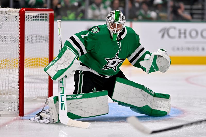 Nov 4, 2025; Dallas, Texas, USA; Dallas Stars goaltender Casey Desmith (1) faces the Edmonton Oilers attack during the first period at the American Airlines Center. Mandatory Credit: Jerome Miron-Imagn Images