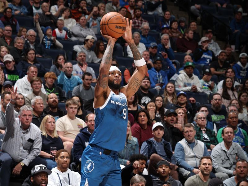 MINNEAPOLIS, MN -  APRIL 9: Nickeil Alexander-Walker #9 of the Minnesota Timberwolves shoots the ball during the game against the Washington Wizards on April 9, 2024 at Target Center in Minneapolis, Minnesota. NOTE TO USER: User expressly acknowledges and agrees that, by downloading and or using this Photograph, user is consenting to the terms and conditions of the Getty Images License Agreement. Mandatory Copyright Notice: Copyright 2024 NBAE (Photo by David Sherman/NBAE via Getty Images)