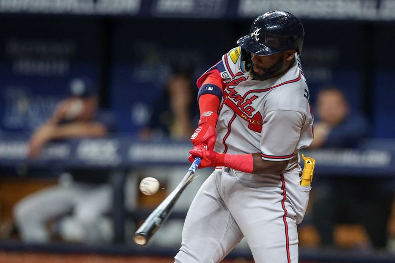 Jul 8, 2023; St. Petersburg, Florida, USA;  Atlanta Braves center fielder Michael Harris II (23) breaks his bat against the Tampa Bay Rays in the ninth inning at Tropicana Field. Mandatory Credit: Nathan Ray Seebeck-USA TODAY Sports