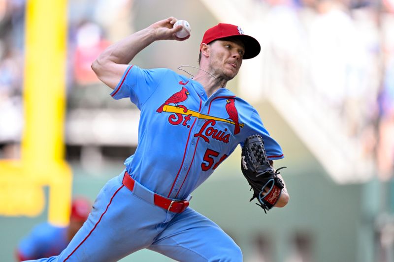May 31, 2025; Arlington, Texas, USA; St. Louis Cardinals starting pitcher Sonny Gray (54) pitches against the Texas Rangers during the seventh inning at Globe Life Field. Mandatory Credit: Jerome Miron-Imagn Images
