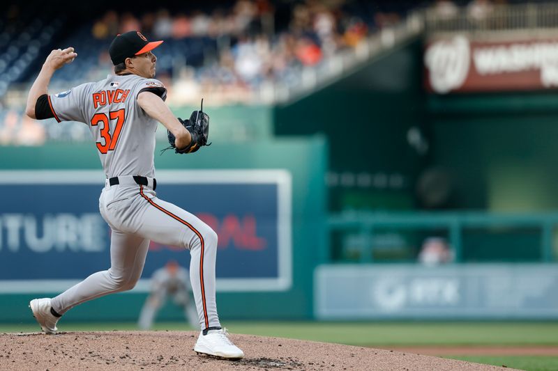 Apr 24, 2025; Washington, District of Columbia, USA; Baltimore Orioles starting pitcher Cade Povich (37) pitches against the Washington Nationals during the first inning at Nationals Park. Mandatory Credit: Geoff Burke-Imagn Images