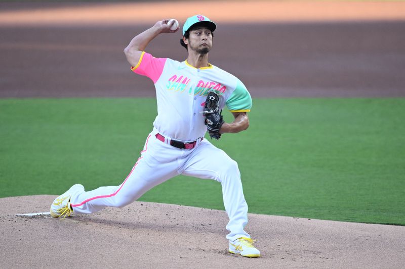 Jul 7, 2023; San Diego, California, USA; San Diego Padres starting pitcher Yu Darvish (11) throws a pitch against the New York Mets during the first inning at Petco Park. Mandatory Credit: Orlando Ramirez-USA TODAY Sports