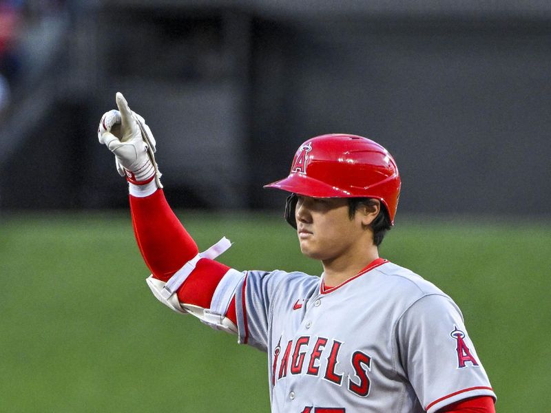 May 3, 2023; St. Louis, Missouri, USA;  Los Angeles Angels starting pitcher Shohei Ohtani (17) reacts after hitting a one run single against the St. Louis Cardinals during the third inning at Busch Stadium. Mandatory Credit: Jeff Curry-USA TODAY Sports